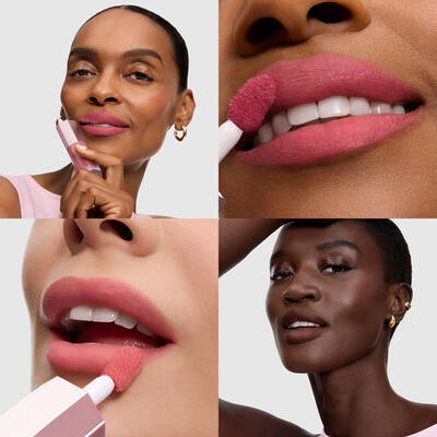 Collage che mostra applicazioni e look finiti su modelle con tonalita di pelle diverse.
