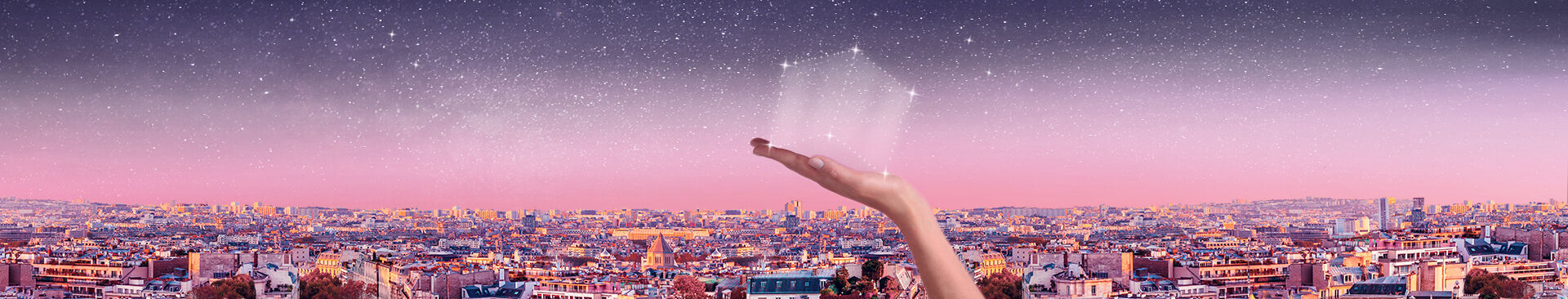 An expansive city skyline at dusk, featuring a hand reaching upwards toward a starry sky, with pink and purple hues blending into the horizon.