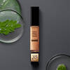 A bottle of Lancome Teint Idole Ultra Wear All Over Concealer placed on a dark surface, surrounded by small glass containers and green leaves.
