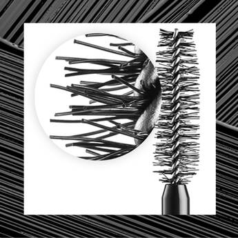 A close-up view of a black mascara wand, showcasing its bristles and unique design. A circular inset highlights the bristles in detail against a white background.