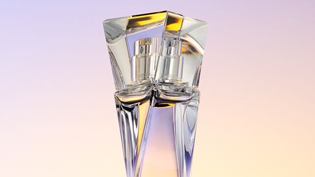 A sleek, modern perfume bottle with a geometric design, illuminated against a gradient background of soft pastel colors.