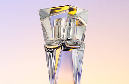 A sleek, modern perfume bottle with a geometric design, illuminated against a gradient background of soft pastel colors.