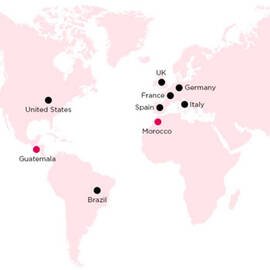 Map highlighting the locations of CARE International and local initiatives, with marked points in the United States, Guatemala, Brazil, Morocco, Spain, Italy, France, Germany, the UK, and Thailand, accompanied by the CARE logo.