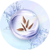 A circular design featuring a water droplet with five brown seeds inside, surrounded by a soft, light blue background and splashes of water.