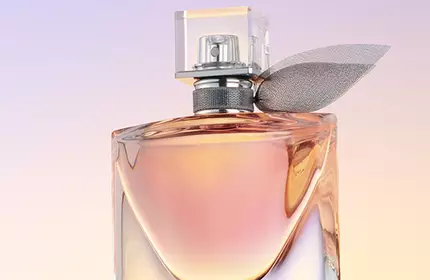 A close-up of an elegant perfume bottle with a sleek design, featuring a clear cap and a decorative leaf-like accent, against a soft gradient background.