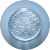 A circular, translucent gel or liquid contained within a smooth, round, light blue surface, displaying bubbles and a textured appearance.
