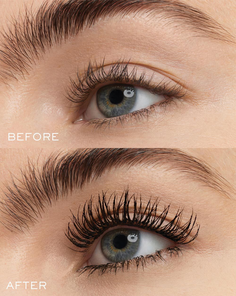 Confronto prima e dopo delle ciglia con e senza mascara.