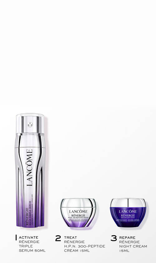 Siero e creme anti-invecchiamento Lancome Renergie: triplo siero, crema H.P.R.N. e crema notte, tutte da 15 ml.