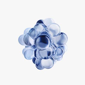 Modello stilizzato di una molecola blu, composta da sfere interconnesse di diverse dimensioni e trasparenze.