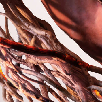 Dettaglio artistico di radici intrecciate con tonalita calde di rosso e marrone su sfondo chiaro.