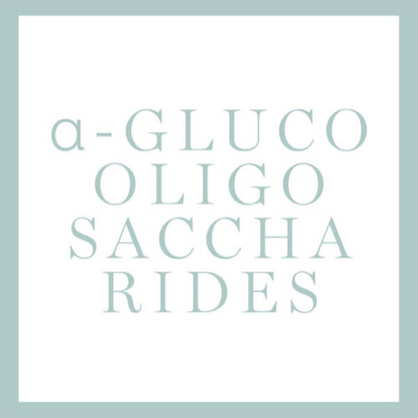 Testo in una composizione tipografica elegante che presenta le parole "a-GLUCO OLIGO SACCHARIDES".