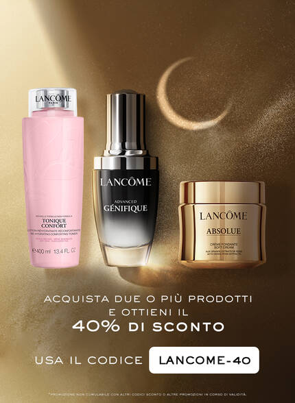 Immagine promozionale di prodotti Lancome con testo che invita ad acquistare due o piu prodotti per ottenere il 40% di sconto, includendo un codice promozionale.