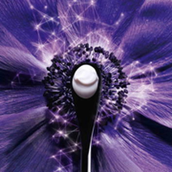 Un cucchiaio nero con crema bianca su un fondo di petali di fiore viola e dettagli luminosi.