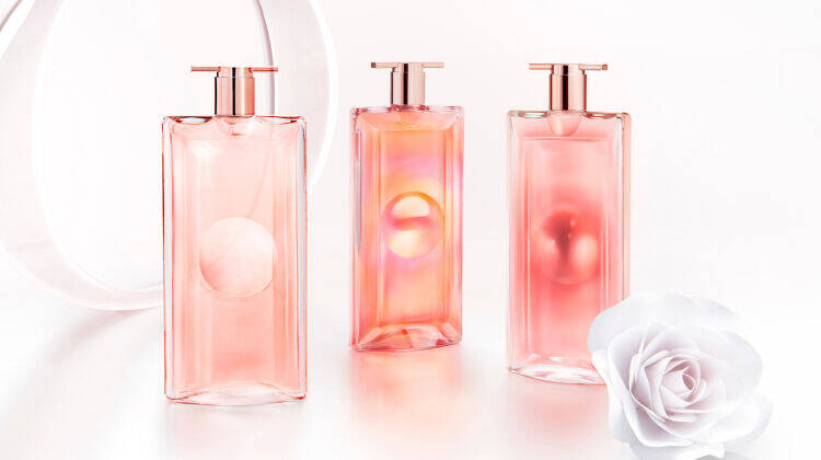 Tre flaconi di profumo rosa su uno sfondo bianco, con una rosa bianca in primo piano.