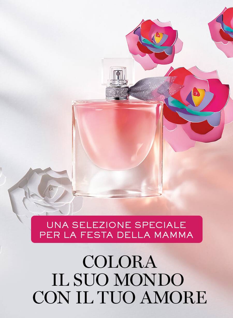 Un flacone di profumo elegante circondato da fiori rosa e bianchi, con testo che invita a celebrare la festa della mamma.