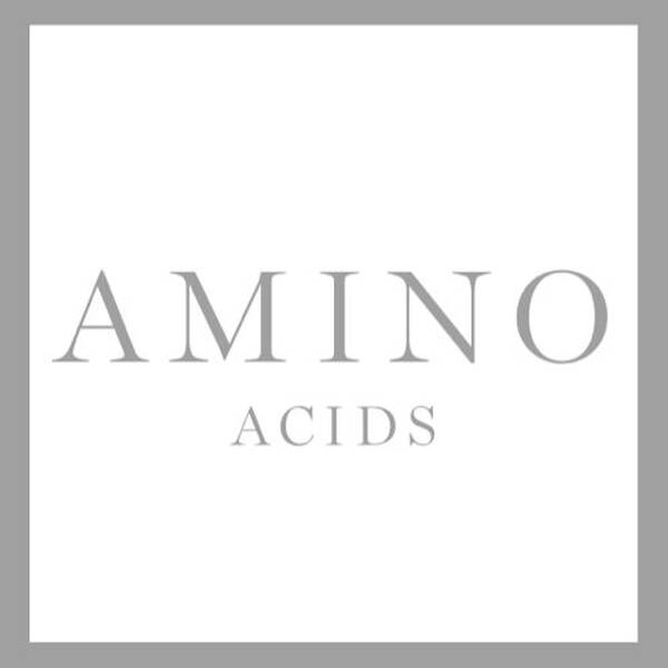 Testo alt: Logotipo con la parola "AMINO" in grigio chiaro sopra la parola "ACIDS" in carattere piu piccolo, su sfondo bianco.